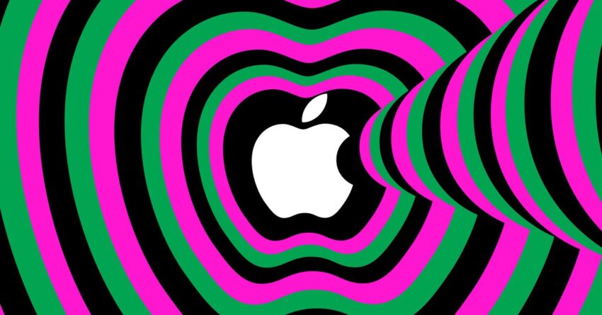 Image of the Apple logo surrounded by gray, pink, and green outlines