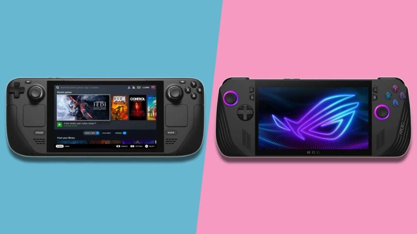 two black PC handhelds against pink and blue background